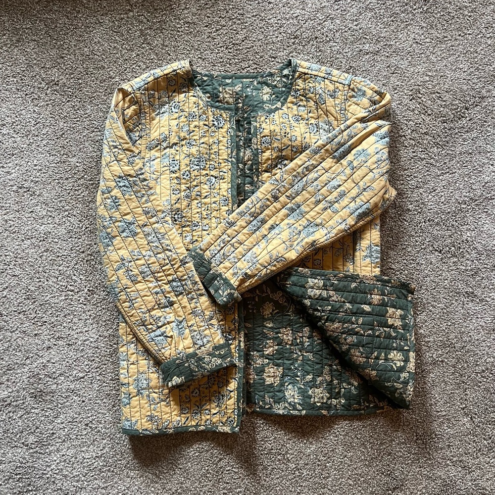 Reversible Quilted Floral Jacket - Yellow and Forest Green